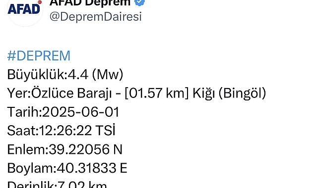 Bingöl'de 4,4 büyüklüğünde deprem