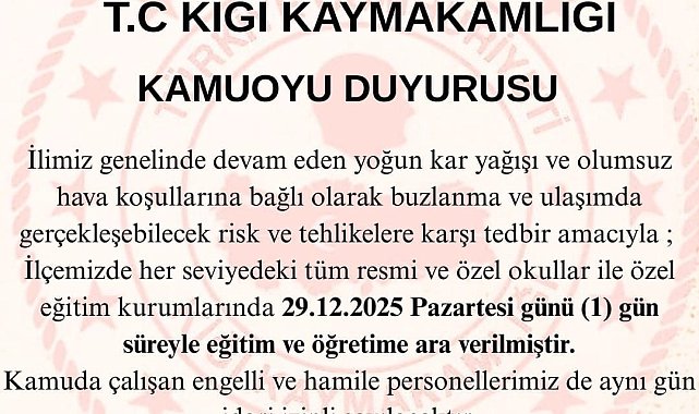 Bingöl'ün 2 ilçesinde eğitime 1 gün ara verildi