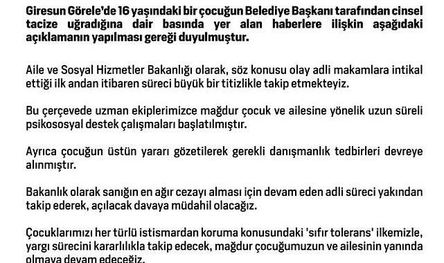 Aile ve Sosyal Hizmetler Bakanlığından Görele'deki taciz iddiasıyla ilgili açıklama: "Sıfır toleransla, yargı sürecini kararlılıkla takip edeceğiz"
