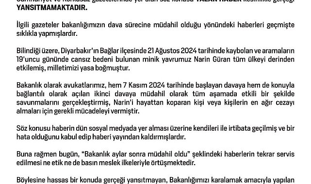 "Bakanlık Narin Güran cinayetine aylar sonra müdahil oldu" iddiasına yalanlama
