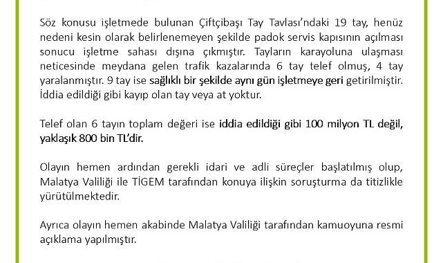 TİGEM'den 'değeri 100 milyon lira olan yarış atları kayıp' iddialarına yalanlama