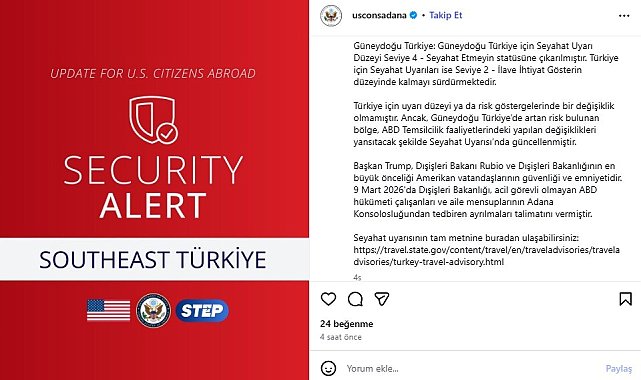 ABD, Adana Konsolosluğu'ndaki zorunlu olmayan personeli tahliye ediyor