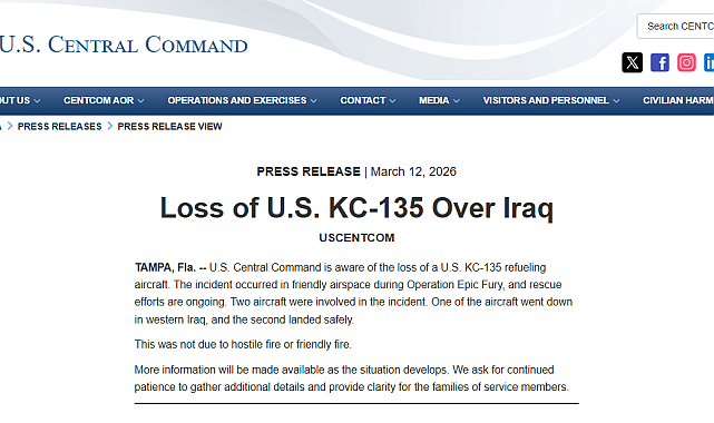 ABD ordusu, KC-135 tipi yakıt ikmal uçağının Irak'ta düştüğünü açıkladı