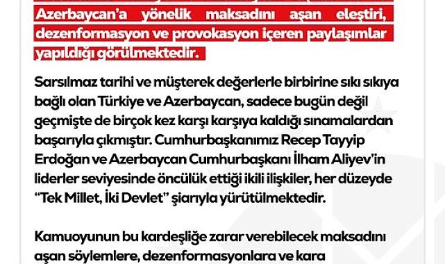 DMM'den Türkiye ve Azerbaycan ilişkilerine yönelik dezenformasyon içeren paylaşımlar hakkında açıklama