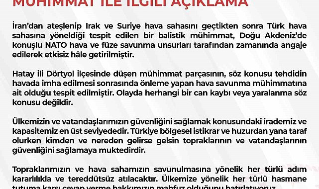 MSB: "Türk hava sahasına yönelen balistik mühimmat Doğu Akdeniz'de etkisiz hale getirildi"