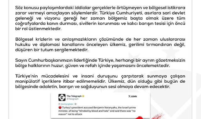 Dezenformasyonla Mücadele Merkezi: "'Türkiye'nin İsrail'e yönelik işgal tehdidinde bulunduğu' yönündeki iddialar tamamen asılsızdır"