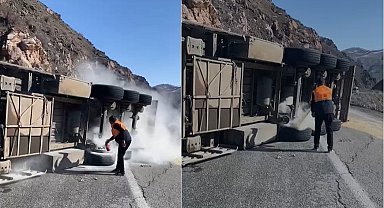 Hakkari-Van yolunda tır devrildi