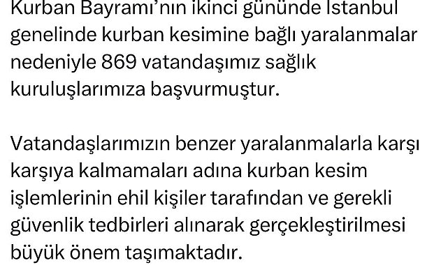İstanbul İl Sağlık Müdürü Güner: "Kurban kesimine bağlı 869 vatandaşımız sağlık kuruluşlarımıza başvurmuştur"