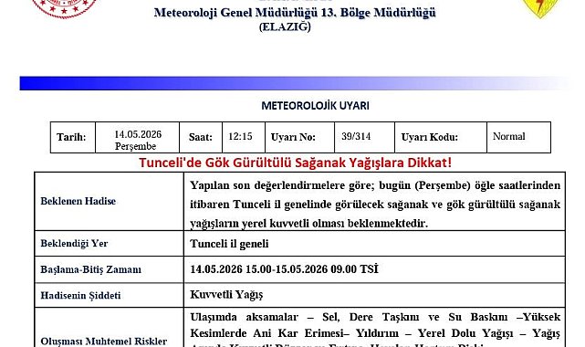 Tunceli için sağanak yağış uyarısı