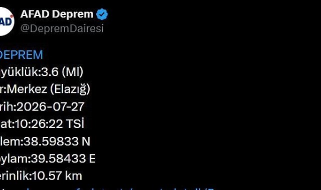 Elazığ'da 3.6 büyüklüğünde deprem