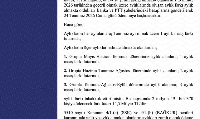 Emekli Sandığı kapsamındaki zam farkı ödemeleri 24 Temmuz'da başlayacak