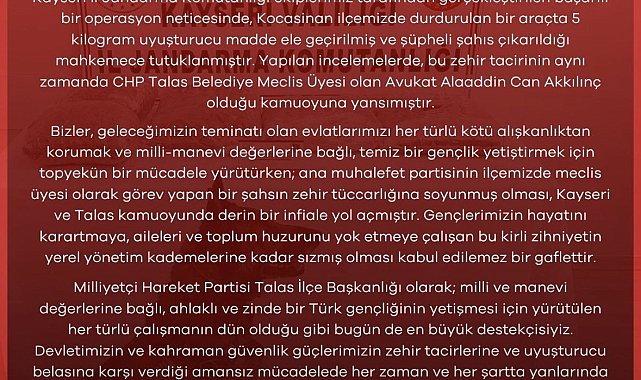 MHP'den uyuşturucuyla yakalanan CHP'li meclis üyesine tepki